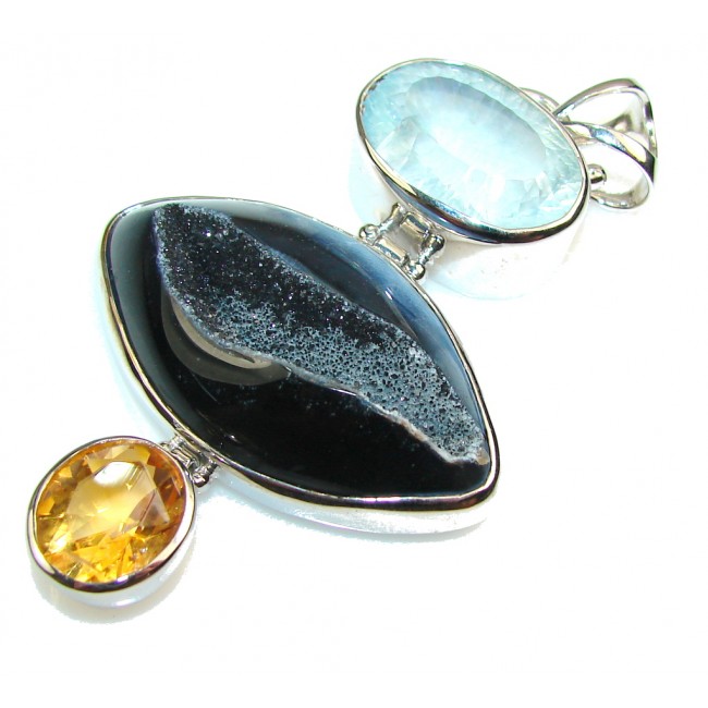 Big! Aura Of Beauty Agate Druzy Sterling Silver Pendant