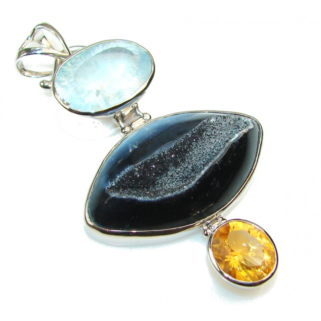 Big! Aura Of Beauty Agate Druzy Sterling Silver Pendant
