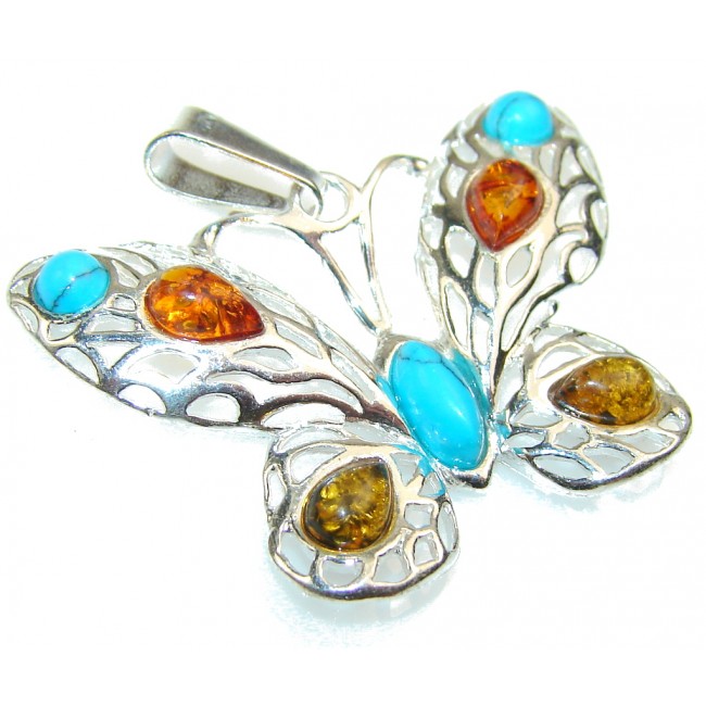 Awesome Butterfly Polish Amber & Turquoise Sterling Silver Pendant