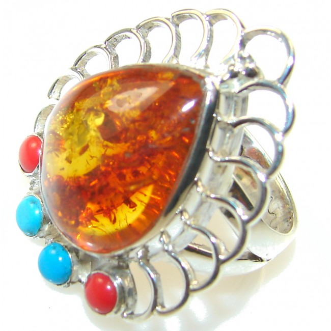 Stylish Brown Polish Amber Sterling Silver Ring s. 8 1/4