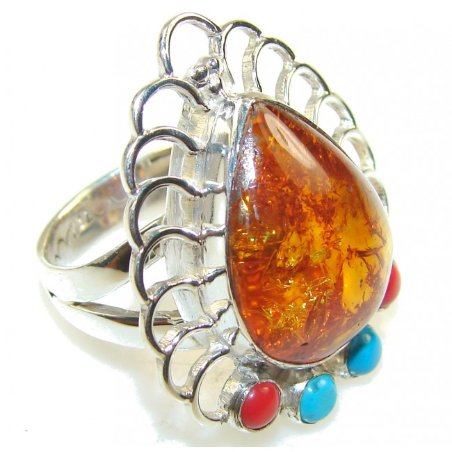 Stylish Brown Polish Amber Sterling Silver Ring s. 8 1/4