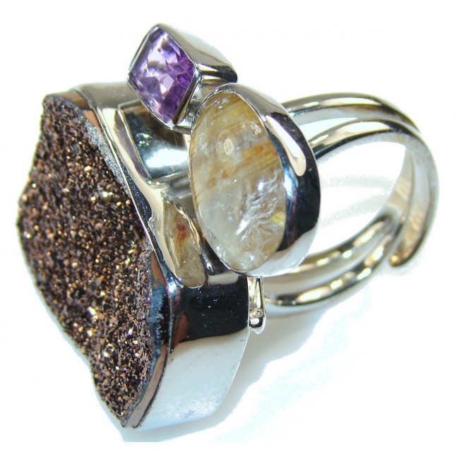 Golden planet Brown Druzy Sterling Silver Ring s. 7 1/2 & up