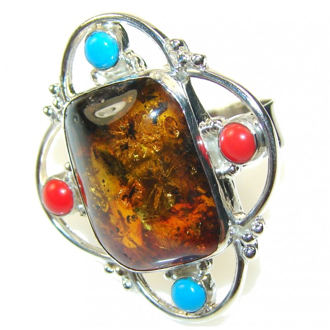 Stylish Brown Amber Sterling Silver Ring s. 9