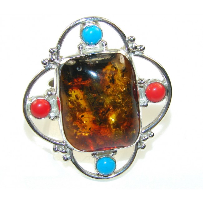 Stylish Brown Amber Sterling Silver Ring s. 9