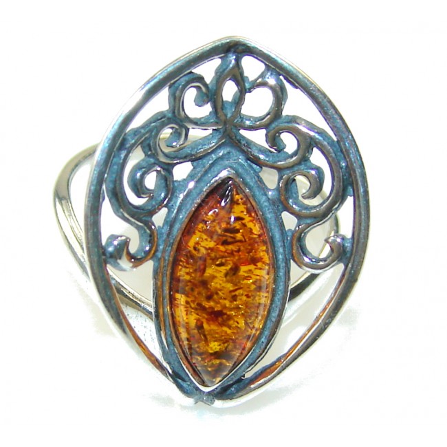 Delicate Brown Polish Amber Sterling Silver Ring s. 6 1/2