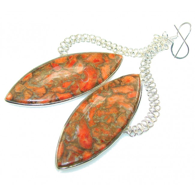 Excellent Orange Copper Turquoise Sterling Silver earrings / Long