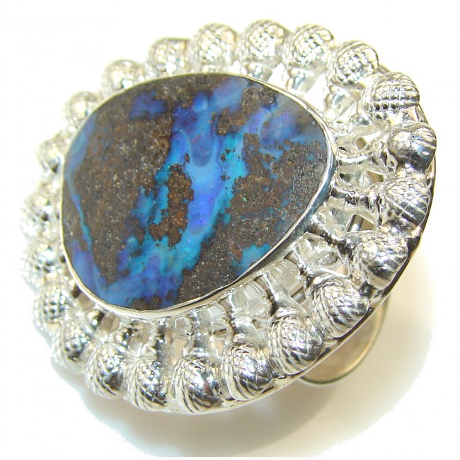 Big!! Fabulous Blue Boulder Opal Sterling Silver Ring s. 10 1/2