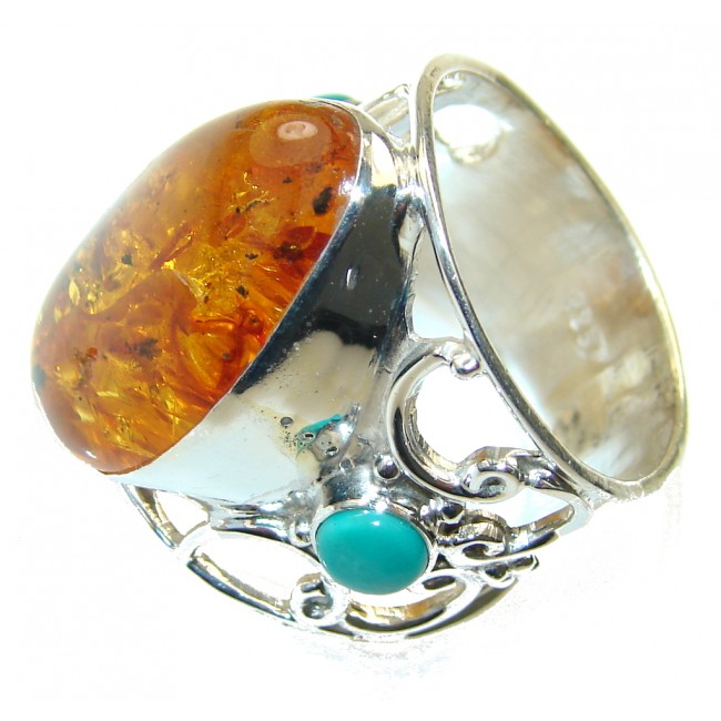 Awesome Polish Amber & Turquoise Sterling Silver Ring s. 9 1/4
