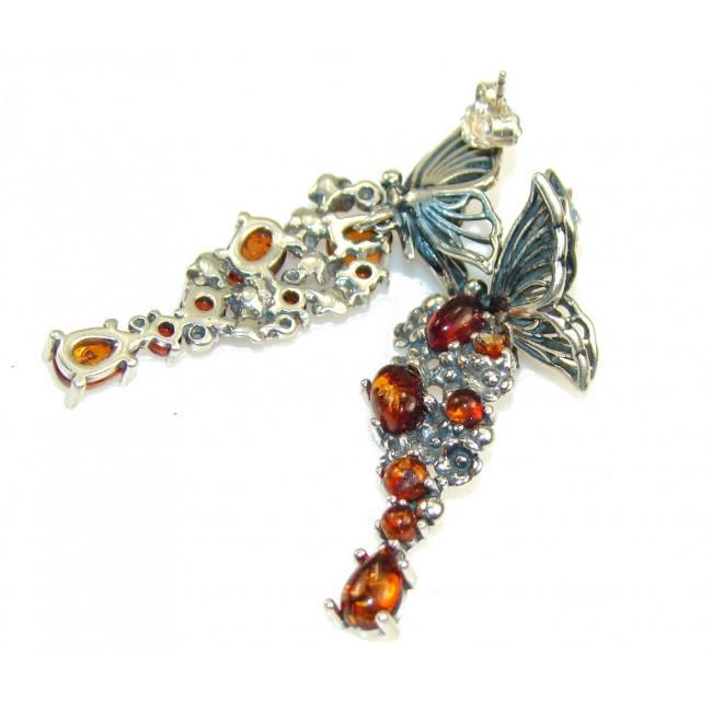 Amazing Design!! Brown Polish Amber Sterling Silver earrings
