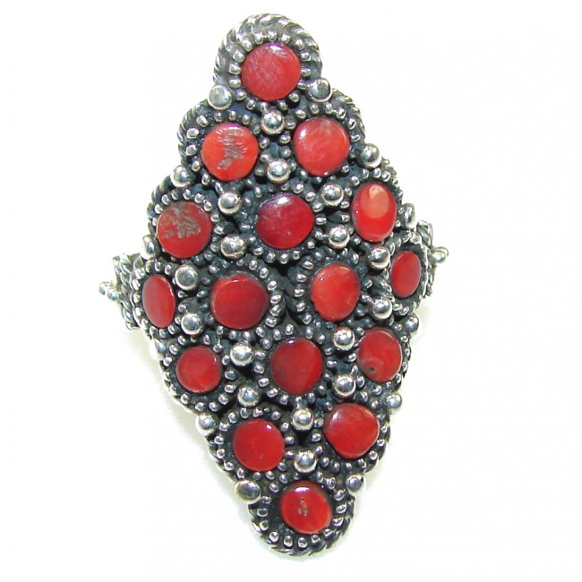 Classy Red Fossilized Coral Sterling Silver ring s. 9 1/2