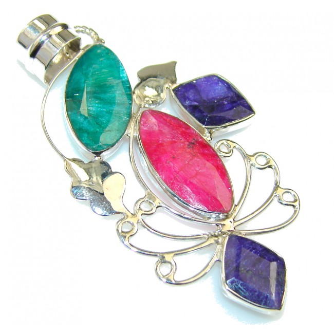 Natural Pink Ruby & Emerald & Sapphire Sterling Silver Pendant