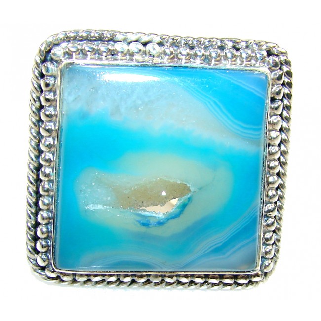Stylish Blue Agate Druzy Sterling Silver Ring s. 10