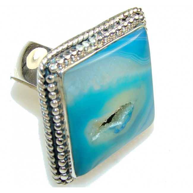 Stylish Blue Agate Druzy Sterling Silver Ring s. 10