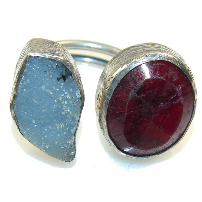 New Vintage!! Ruby & Druzy Sterling Silver Ring s. 8 -Adjustable