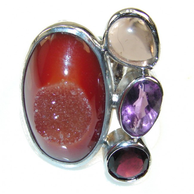 Excellent Brown Agate Druzy Sterling Silver Ring s. 7- adjustable