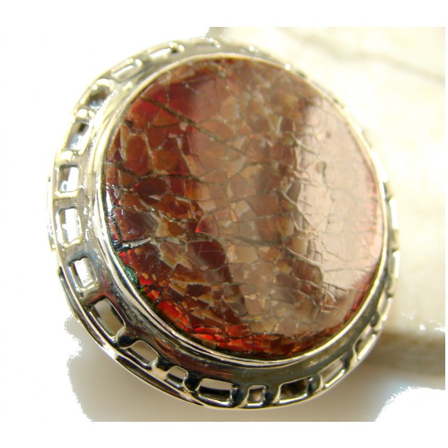 Huge Precious Natural Red Ammolite Sterling Silver ring s. 11