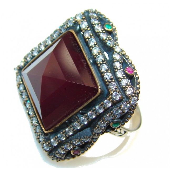 Classy Design!! Deep Red Ruby Sterling Silver ring s. 8 1/4