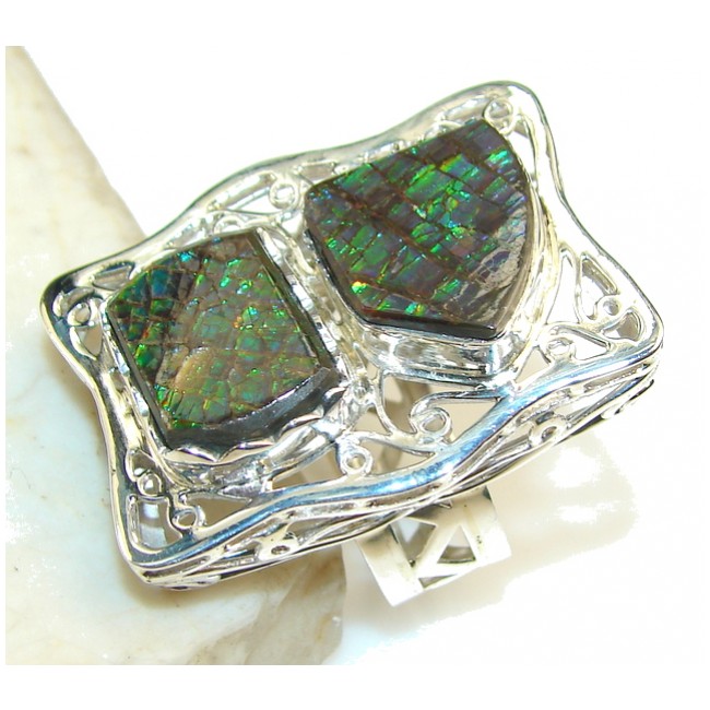 Big! Natural Green Ammolite Sterling Silver ring s. 10 1/4