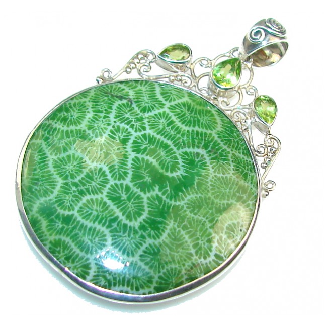 Excellent Green Fossilized Coral Sterling Silver pendant