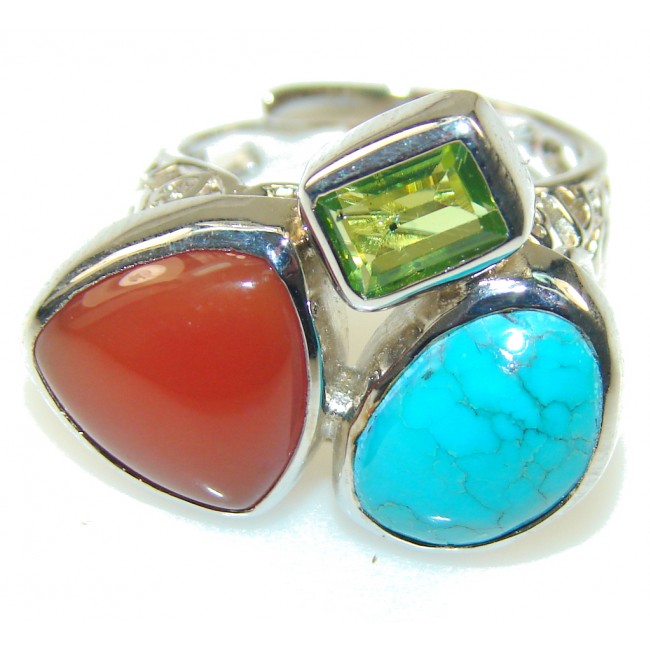 Stylish Turquoise & Carnelian Sterling Silver Ring s. 8 - Adjustable