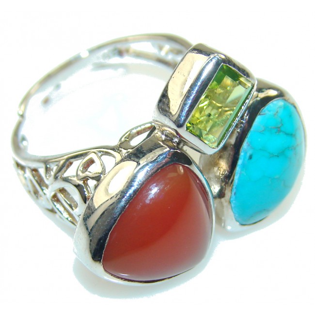 Stylish Turquoise & Carnelian Sterling Silver Ring s. 8 - Adjustable