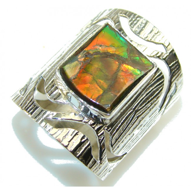 Amazing Design!!! Red Ammolite Sterling Silver ring s. 12