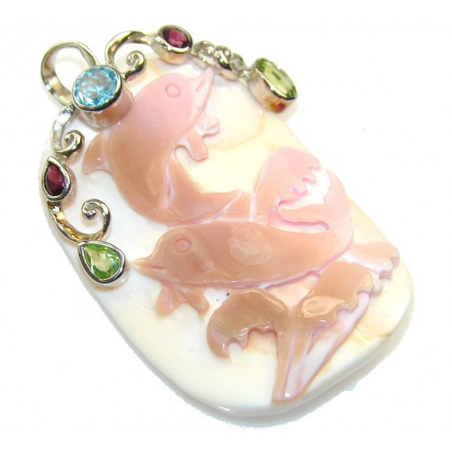 Artisan Design Carved Shell Delphines Sterling Silver pendant