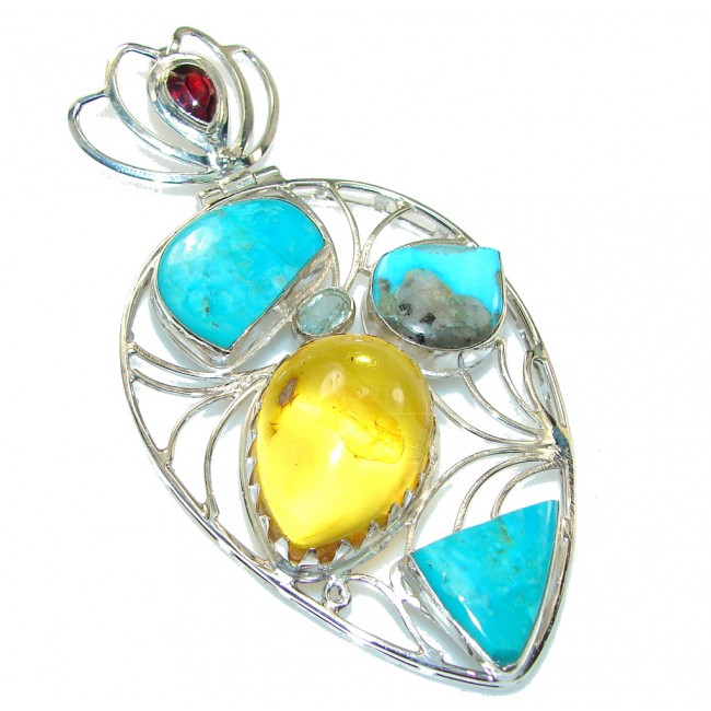 Large! Polish Amber & Turquoise Sterling Silver Pendant