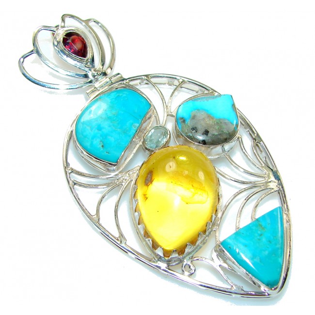 Large! Polish Amber & Turquoise Sterling Silver Pendant