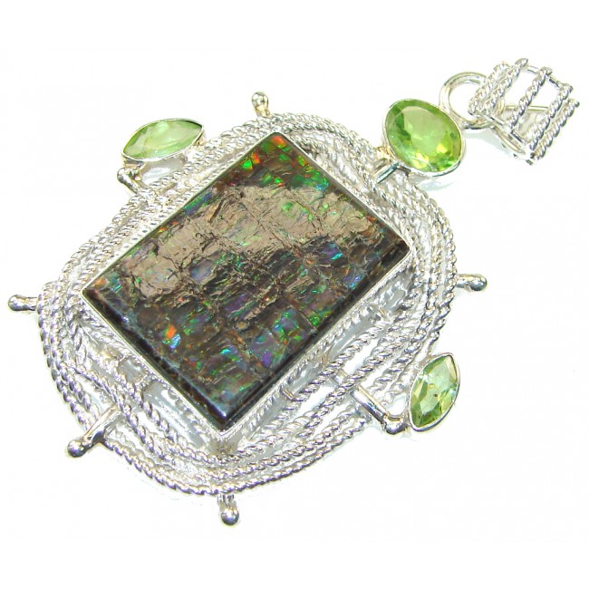 Unique Green Planet Ammolite Sterling Silver Pendant