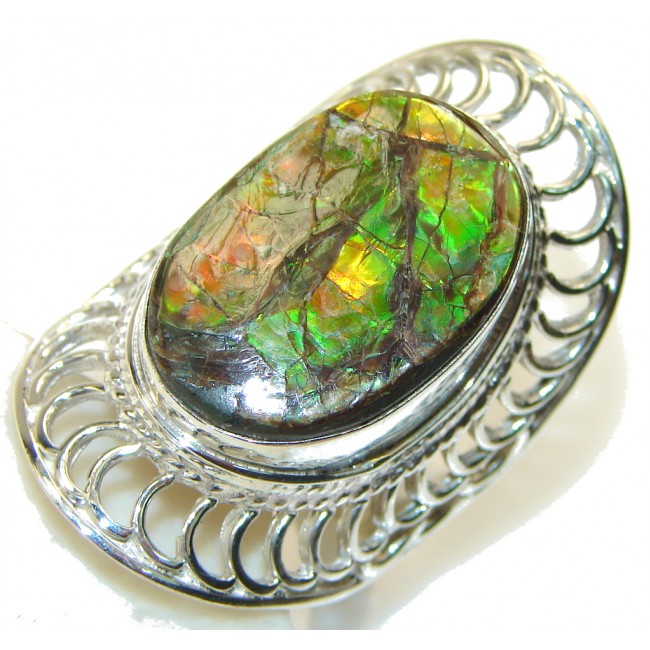 Fabulous Red Rainbow Ammolite Sterling Silver ring s. 10