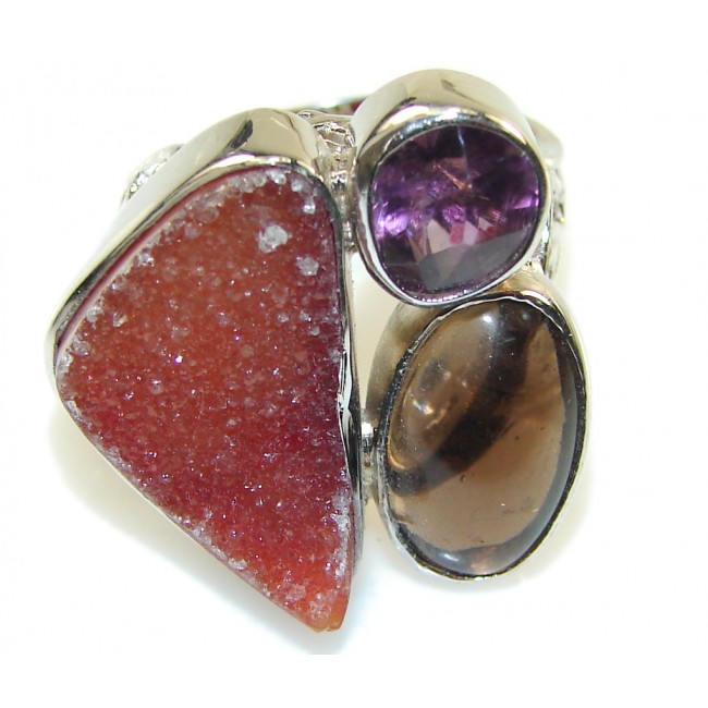 Classy Brown Agate Druzy Sterling Silver Ring s.7 - Adjustable