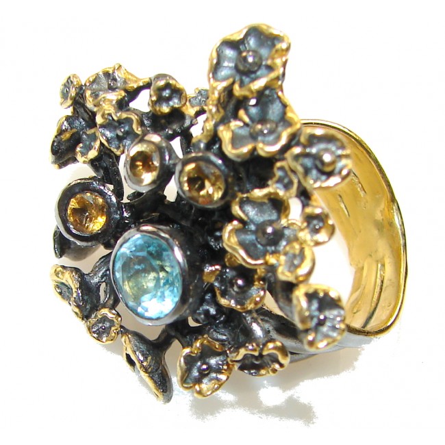 Italy Made,Rhodium Plated, 18ct Gold Plated Swiss Blue Topaz Sterling Silver Ring s. 7