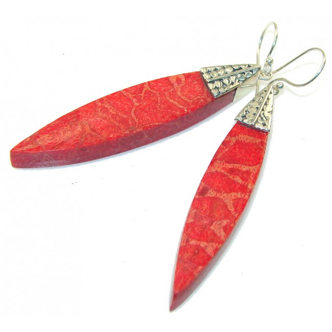Long! Precious Red Fossilized Coral Sterling Silver earrings