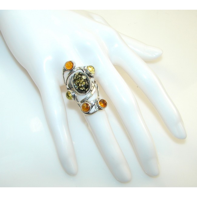 Stylish! Multicolor Polish Amber Sterling Silver Ring s. 5