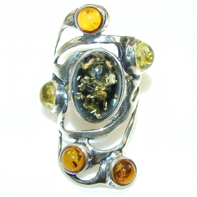 Stylish! Multicolor Polish Amber Sterling Silver Ring s. 5