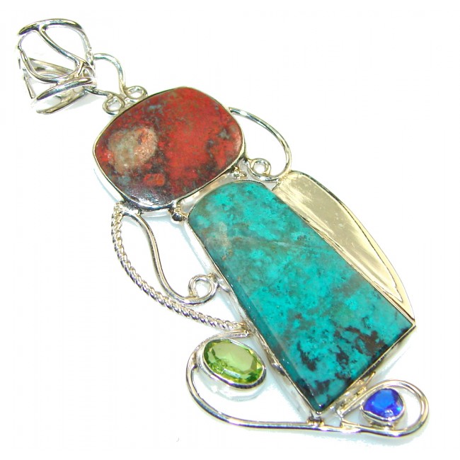 Simple! Green & Orange Turquoise Sterling Silver Pendant