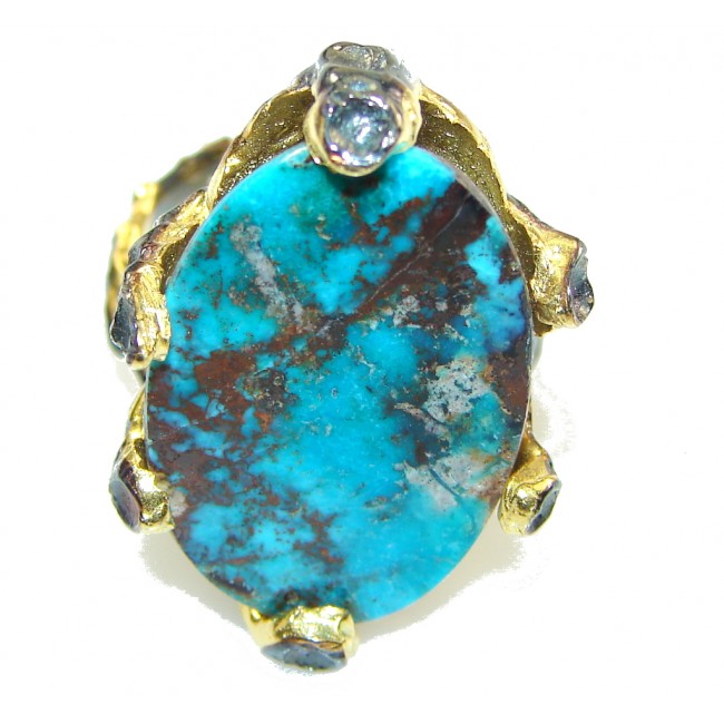 Vintage Design!! Gold Plated, Rhodium Plated Italy Made Turquoise Sterling Silver Ring s. 8 1/4