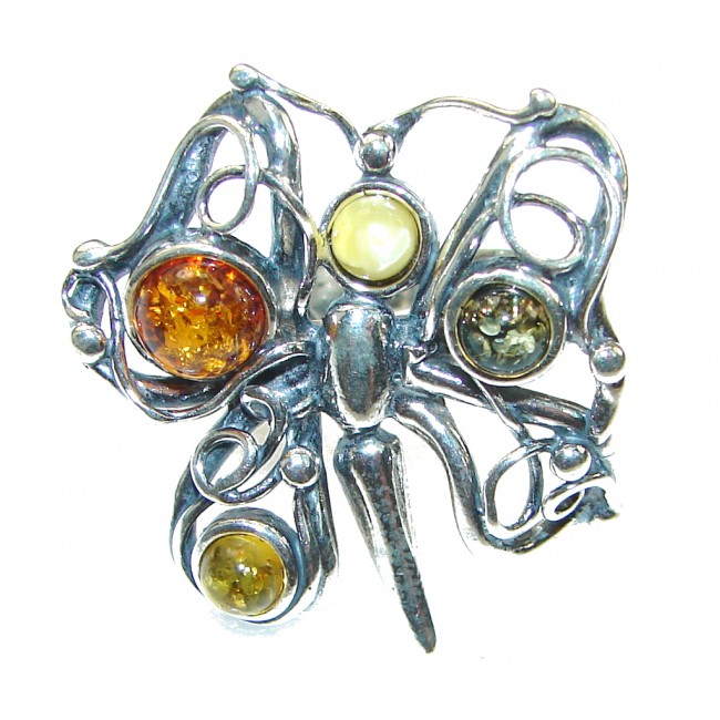 Stylish! Multicolor Polish Amber Sterling Silver Ring s. 6 1/2