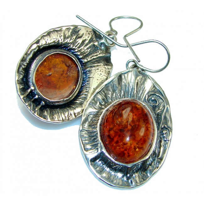 Stylish Design!! Brown Amber Sterling Silver earrings