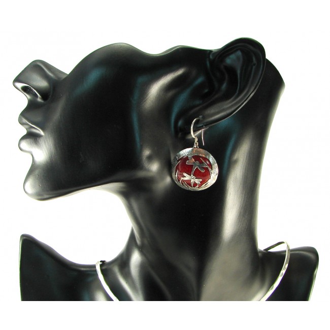 Florida Style!! Red Fossilized Coral Sterling Silver earrings