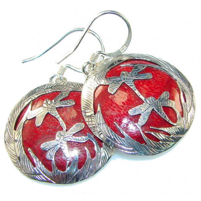 Florida Style!! Red Fossilized Coral Sterling Silver earrings
