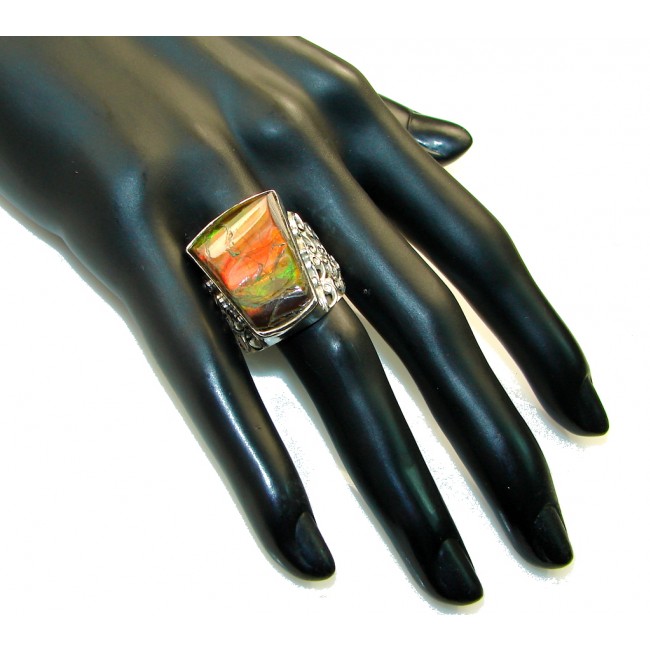 Fancy Quality!! Red Ammolite Sterling Silver ring s. 11