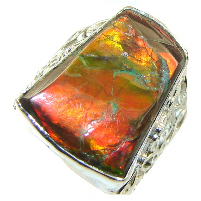 Fancy Quality!! Red Ammolite Sterling Silver ring s. 11