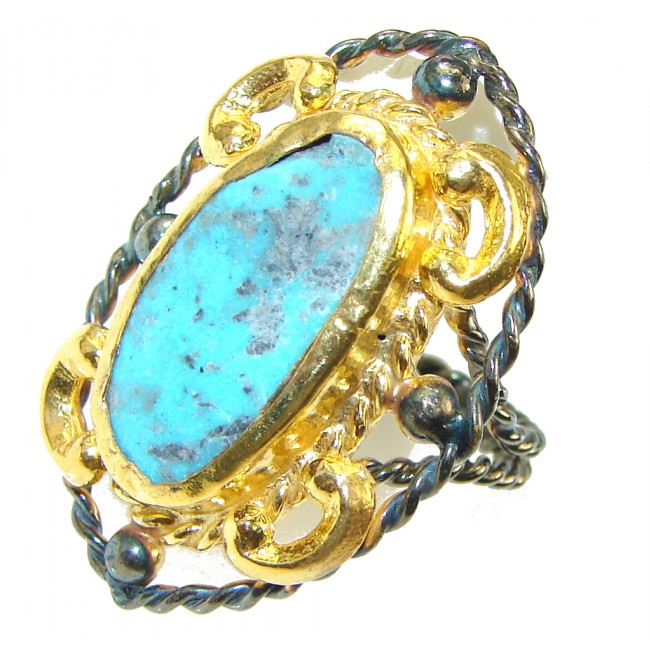 Amazing Blue Turquoise, Gold Plated, Rhodium Plated Sterling Silver Ring s. 7 - Adjustable