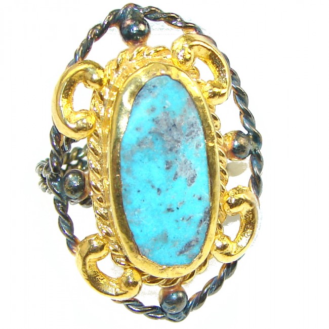 Amazing Blue Turquoise, Gold Plated, Rhodium Plated Sterling Silver Ring s. 7 - Adjustable