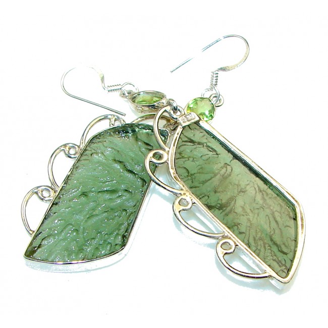 Stylish!! Green Moldavite Silver Sterling earrings