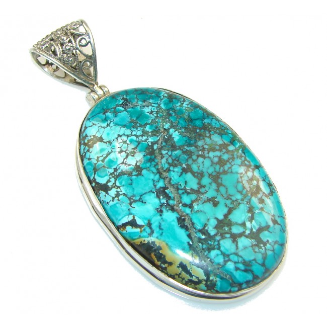 Big!! China Mountain A-Grade Blue with Extra Fine Spiderweb Turquoise Sterling Silver Pendant