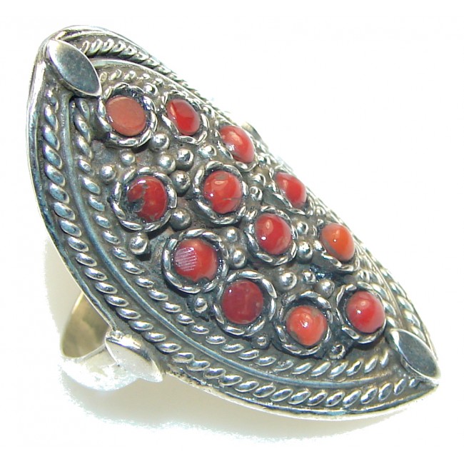 Stylish! Red Fossilized Coral Sterling Silver ring s. 9 1/2