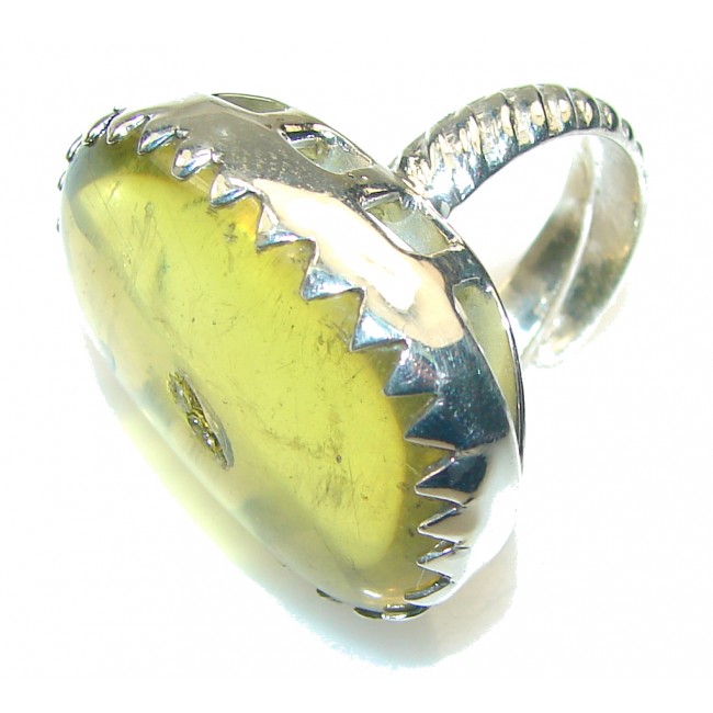 New Delicate Green Polish Amber Sterling Silver Ring s. 6- Adjustable